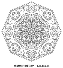 Black and white geometric mandala background. Round ornament decoration, isolated design element. Zentangle art for coloring book. Tribal ethnic floral mandala pattern doodle sketch for coloring page