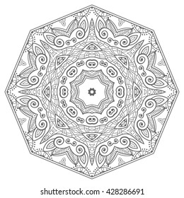Black and white geometric mandala background. Round ornament decoration, isolated design element. Zentangle art for coloring book. Tribal ethnic floral mandala pattern doodle sketch for coloring page