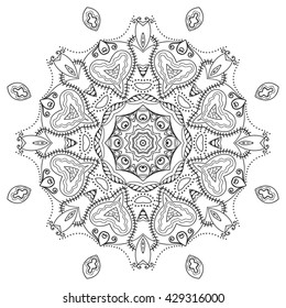 Black and white geometric mandala background. Round ornament decoration, isolated design element. Zentangle art for coloring book. Tribal ethnic floral mandala pattern doodle sketch for coloring page