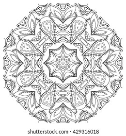 Black and white geometric mandala background. Round ornament decoration, isolated design element. Zentangle art for coloring book. Tribal ethnic floral mandala pattern doodle sketch for coloring page