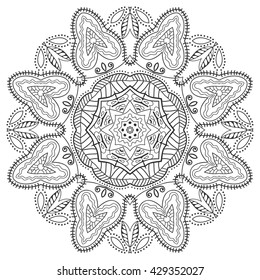 Black and white geometric mandala background. Round ornament decoration, isolated design element. Zentangle art for coloring book. Tribal ethnic floral mandala pattern doodle sketch for coloring page