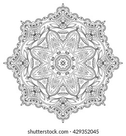 Black and white geometric mandala background. Round ornament decoration, isolated design element. Zentangle art for coloring book. Tribal ethnic floral mandala pattern doodle sketch for coloring page