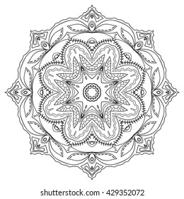Black and white geometric mandala background. Round ornament decoration, isolated design element. Zentangle art for coloring book. Tribal ethnic floral mandala pattern doodle sketch for coloring page