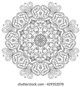 Black and white geometric mandala background. Round ornament decoration, isolated design element. Zentangle art for coloring book. Tribal ethnic floral mandala pattern doodle sketch for coloring page