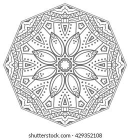 Black and white geometric mandala background. Round ornament decoration, isolated design element. Zentangle art for coloring book. Tribal ethnic floral mandala pattern doodle sketch for coloring page