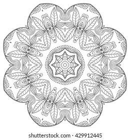 Black and white geometric mandala background. Round ornament decoration, isolated design element. Zentangle art for coloring book. Tribal ethnic floral mandala pattern doodle sketch for coloring page