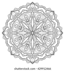 Black and white geometric mandala background. Round ornament decoration, isolated design element. Zentangle art for coloring book. Tribal ethnic floral mandala pattern doodle sketch for coloring page