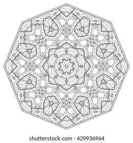 Black and white geometric mandala background. Round ornament decoration, isolated design element. Zentangle art for coloring book. Tribal ethnic floral mandala pattern doodle sketch for coloring page