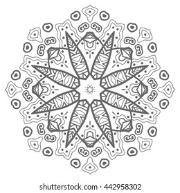 Black and white geometric mandala background. Round ornament decoration, isolated design element. Zentangle art for coloring book. Tribal ethnic floral mandala pattern doodle sketch for coloring page