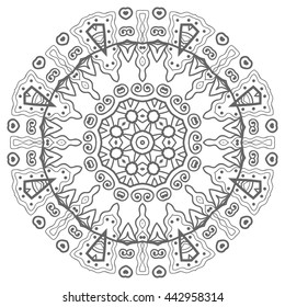 Black and white geometric mandala background. Round ornament decoration, isolated design element. Zentangle art for coloring book. Tribal ethnic floral mandala pattern doodle sketch for coloring page