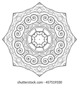 Black and white geometric mandala background. Round ornament decoration, isolated design element. Zen-doodle art for coloring book. Tribal ethnic floral mandala sketch pattern for coloring page