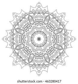 Black and white geometric mandala background. Round ornament decoration, isolated design element. Doodle art for coloring book. Tribal ethnic floral mandala sketch pattern for coloring page