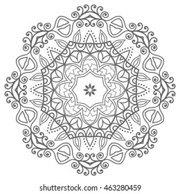 Black and white geometric mandala background. Round ornament decoration, isolated design element. Doodle art for coloring book. Tribal ethnic floral mandala sketch pattern for coloring page