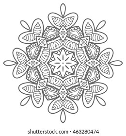 Black and white geometric mandala background. Round ornament decoration, isolated design element. Doodle art for coloring book. Tribal ethnic floral mandala sketch pattern for coloring page