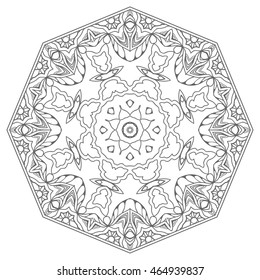 Black and white geometric mandala background. Round ornament decoration, isolated design element. Doodle art for coloring book. Tribal ethnic floral mandala sketch pattern for coloring page