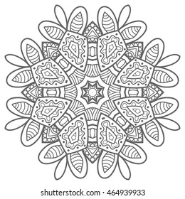Black and white geometric mandala background. Round ornament decoration, isolated design element. Doodle art for coloring book. Tribal ethnic floral mandala sketch pattern for coloring page