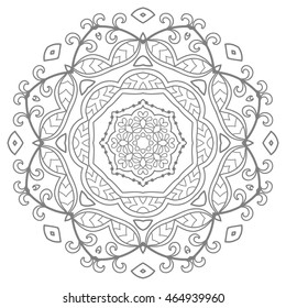 Black and white geometric mandala background. Round ornament decoration, isolated design element. Doodle art for coloring book. Tribal ethnic floral mandala sketch pattern for coloring page