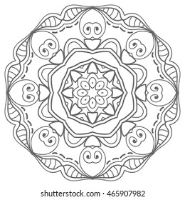 Black and white geometric mandala background. Round ornament decoration, isolated design element. Doodle art for coloring book. Tribal ethnic floral mandala sketch pattern for coloring page