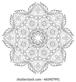 Black and white geometric mandala background. Round ornament decoration, isolated design element. Doodle art for coloring book. Tribal ethnic floral mandala sketch pattern for coloring page