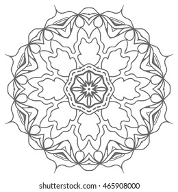 Black and white geometric mandala background. Round ornament decoration, isolated design element. Doodle art for coloring book. Tribal ethnic floral mandala sketch pattern for coloring page