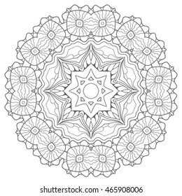 Black and white geometric mandala background. Round ornament decoration, isolated design element. Doodle art for coloring book. Tribal ethnic floral mandala sketch pattern for coloring page
