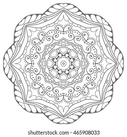 Black and white geometric mandala background. Round ornament decoration, isolated design element. Doodle art for coloring book. Tribal ethnic floral mandala sketch pattern for coloring page