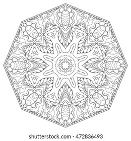 Black and white geometric mandala background. Round ornament decoration, isolated design element. Doodle art for coloring book. Tribal ethnic floral mandala sketch pattern for coloring page