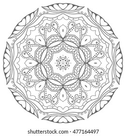 Black and white geometric mandala background. Round ornament decoration, isolated design element. Doodle line art for coloring book. Tribal ethnic floral mandala sketch pattern for coloring page