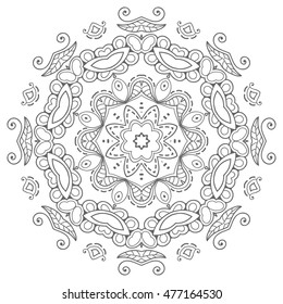 Black and white geometric mandala background. Round ornament decoration, isolated design element. Doodle line art for coloring book. Tribal ethnic floral mandala sketch pattern for coloring page