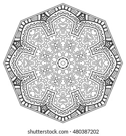 Black and white geometric mandala background. Round ornament decoration, isolated design element. Doodle art for coloring book. Tribal ethnic floral mandala sketch pattern for coloring page
