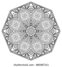 Black and white geometric mandala background. Round ornament decoration, isolated design element. Doodle art for coloring book. Tribal ethnic floral mandala sketch pattern for coloring page