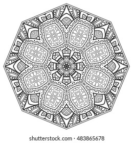 Black and white geometric mandala background. Round ornament decoration, isolated design element. Doodle art for coloring book. Tribal ethnic floral mandala sketch pattern for coloring page