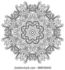 Black and white geometric mandala background. Round ornament decoration, isolated design element. Doodle art for coloring book. Tribal ethnic floral mandala sketch pattern for coloring page