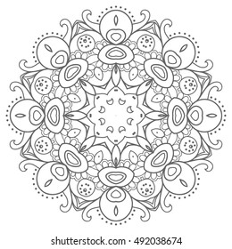 Black and white geometric mandala background. Round ornament decoration, isolated design element. Doodle art for coloring book. Tribal ethnic floral mandala sketch pattern for coloring page