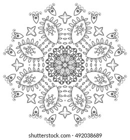 Black and white geometric mandala background. Round ornament decoration, isolated design element. Doodle art for coloring book. Tribal ethnic floral mandala sketch pattern for coloring page