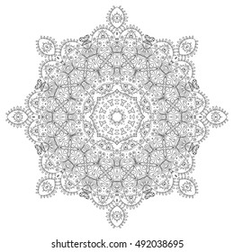 Black and white geometric mandala background. Round ornament decoration, isolated design element. Doodle art for coloring book. Tribal ethnic floral mandala sketch pattern for coloring page