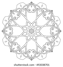 Black and white geometric mandala background. Round ornament decoration, isolated design element. Doodle art for coloring book. Tribal ethnic floral mandala sketch pattern for coloring page