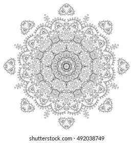 Black and white geometric mandala background. Round ornament decoration, isolated design element. Doodle art for coloring book. Tribal ethnic floral mandala sketch pattern for coloring page