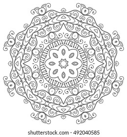 Black and white geometric mandala background. Round ornament decoration, isolated design element. Doodle art for coloring book. Tribal ethnic floral mandala sketch pattern for coloring page