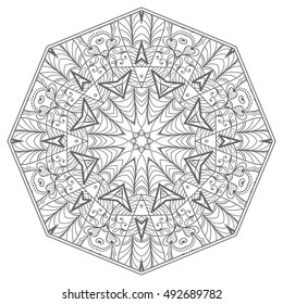 Black and white geometric mandala background. Round ornament decoration, isolated design element. Doodle art for coloring book. Tribal ethnic floral mandala sketch pattern for coloring page