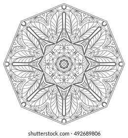Black and white geometric mandala background. Round ornament decoration, isolated design element. Doodle art for coloring book. Tribal ethnic floral mandala sketch pattern for coloring page