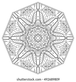 Black and white geometric mandala background. Round ornament decoration, isolated design element. Doodle art for coloring book. Tribal ethnic floral mandala sketch pattern for coloring page