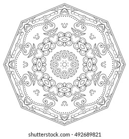 Black and white geometric mandala background. Round ornament decoration, isolated design element. Doodle art for coloring book. Tribal ethnic floral mandala sketch pattern for coloring page