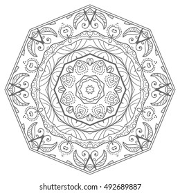 Black and white geometric mandala background. Round ornament decoration, isolated design element. Doodle art for coloring book. Tribal ethnic floral mandala sketch pattern for coloring page