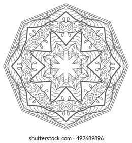 Black and white geometric mandala background. Round ornament decoration, isolated design element. Doodle art for coloring book. Tribal ethnic floral mandala sketch pattern for coloring page