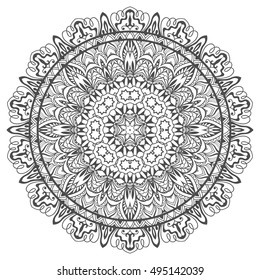 Black and white geometric mandala background. Round ornament decoration, isolated design element. Doodle art for coloring book. Tribal ethnic floral mandala sketch pattern for coloring page
