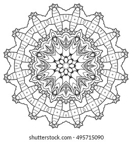Black and white geometric mandala background. Round ornament decoration, isolated design element. Doodle art for coloring book. Tribal ethnic floral mandala sketch pattern for coloring page