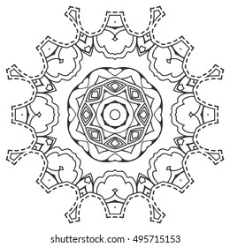 Black and white geometric mandala background. Round ornament decoration, isolated design element. Doodle art for coloring book. Tribal ethnic floral mandala sketch pattern for coloring page