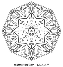 Black and white geometric mandala background. Round ornament decoration, isolated design element. Doodle art for coloring book. Tribal ethnic floral mandala sketch pattern for coloring page