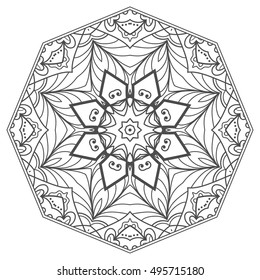 Black and white geometric mandala background. Round ornament decoration, isolated design element. Doodle art for coloring book. Tribal ethnic floral mandala sketch pattern for coloring page